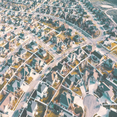 overhead photo of homes in a suburban neighborhood